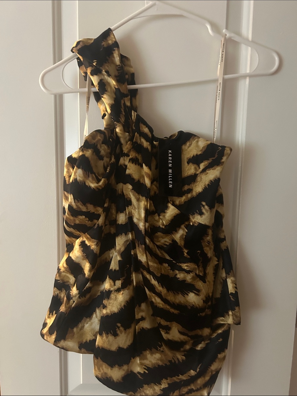 Karen Millen Black and Gold One-Shoulder Silk Animal Print Top